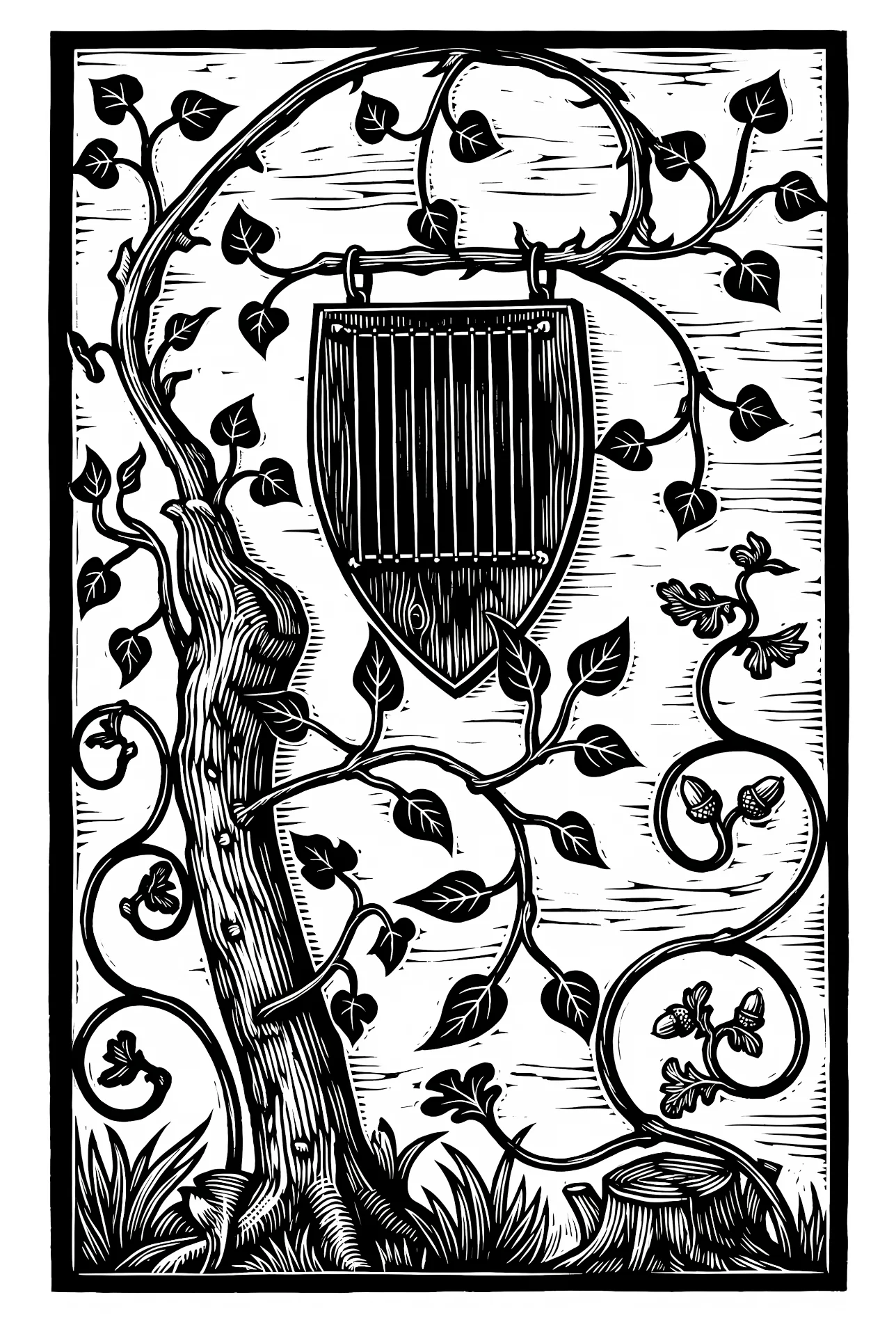 Wappenschild an Weinrebe — Holzschnitt-Illustration