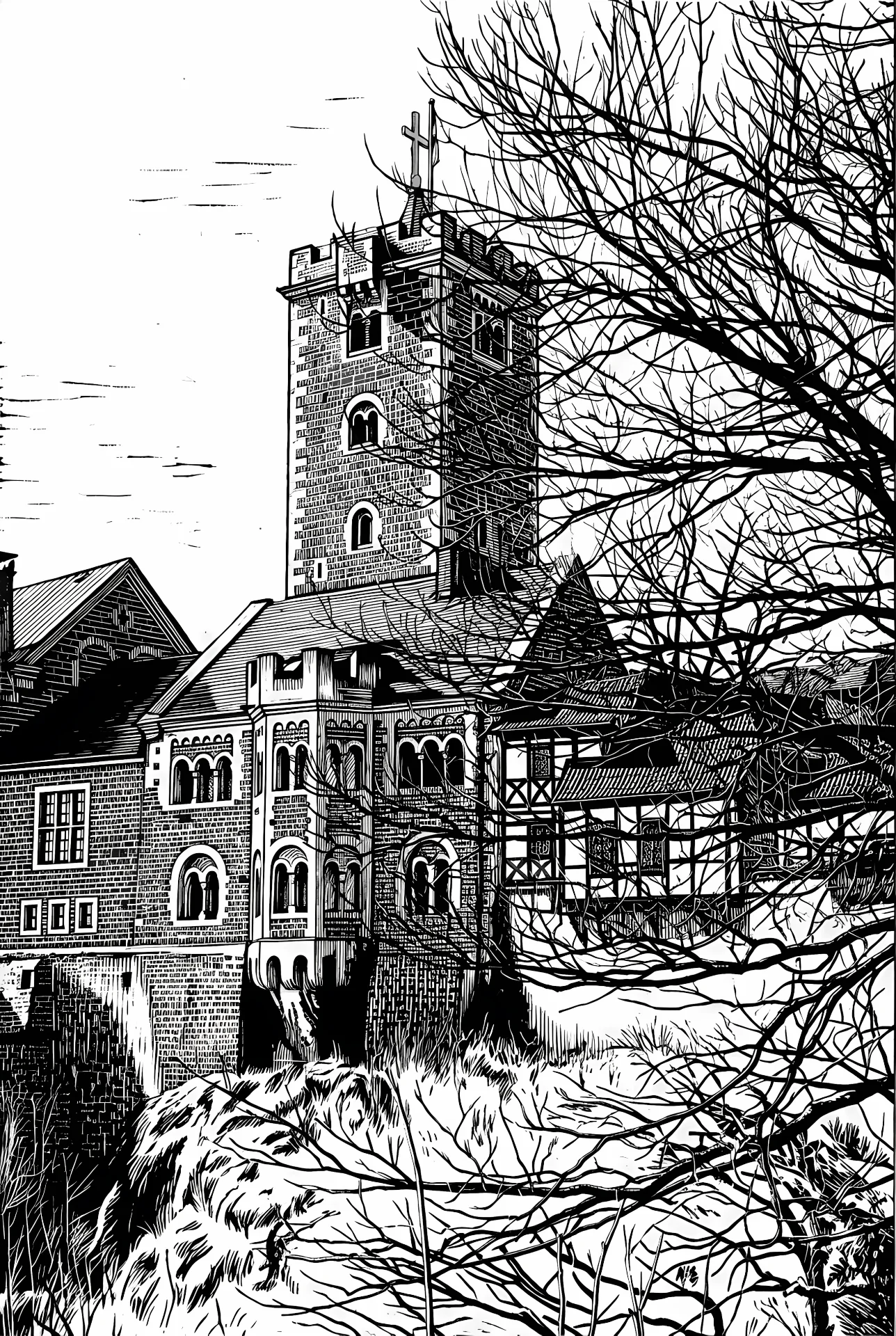Wartburg Panorama — Holzschnitt-Illustration