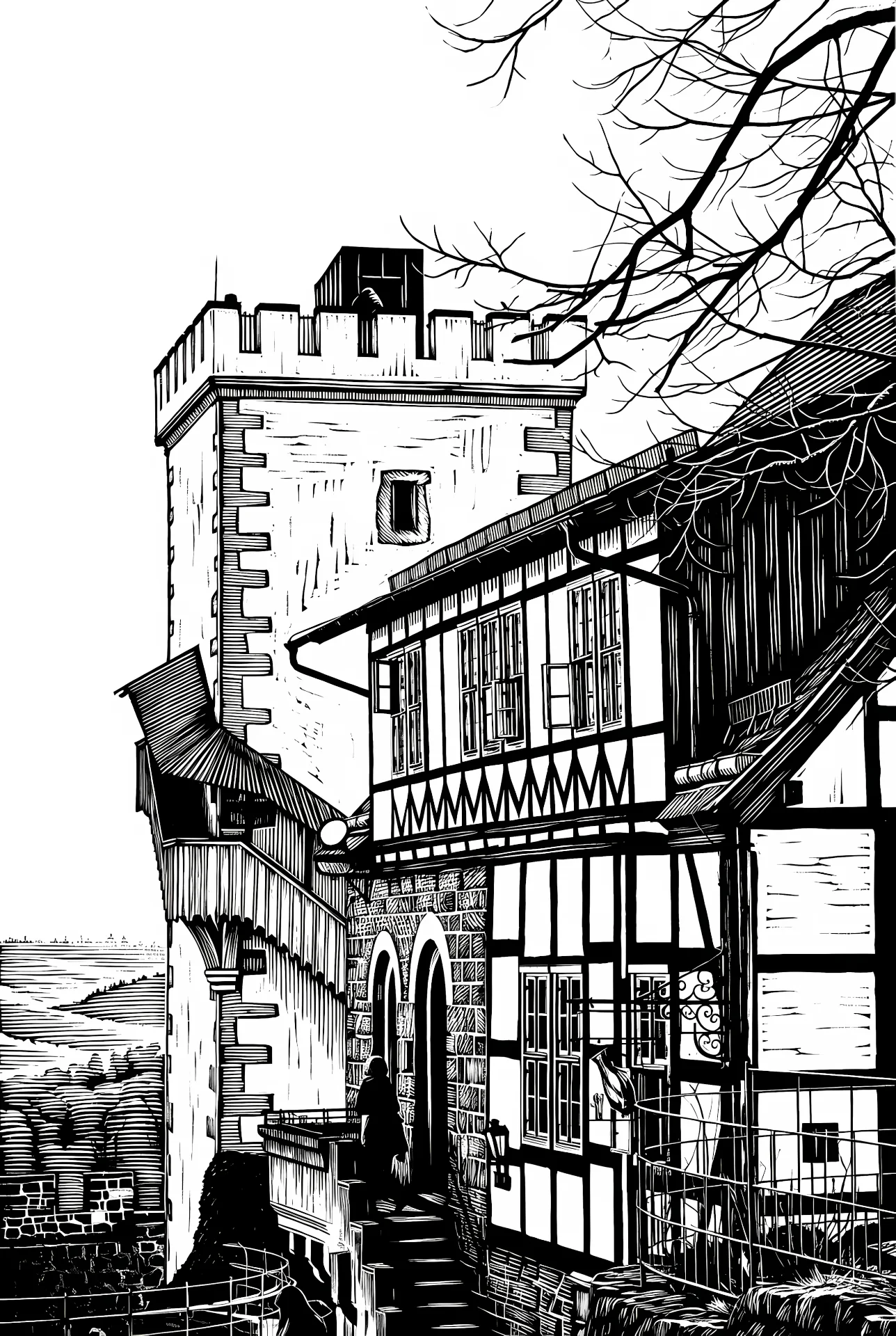 Wartburg Detail — Holzschnitt-Illustration